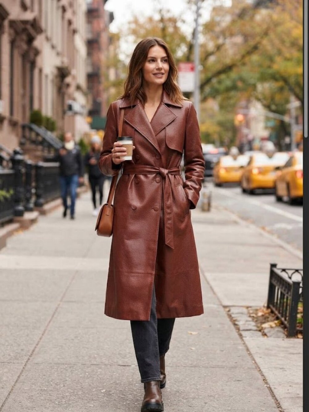 Rust Brown Faux Leather Trench Coat with Belt